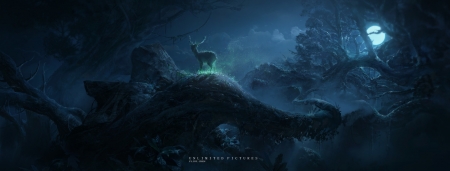 Moonlight - moon, night, deer, fantasy, art, dark, luminos, blue, luna, flint chen