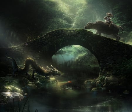 :-) - flint chen, fantasy, water, bridge, dragon, luminos, man, art