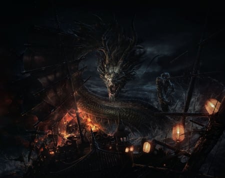 Dragon's attack - flint chen, fire, fantasy, ship, dark, dragon