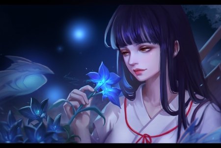 Blue flower - flower, fantasy, jingwen lin, luminos, girl, frumusete, blue