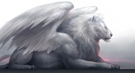 Winged lion - white, lion, luminos, leu, sandara, creature, wings, fantasy