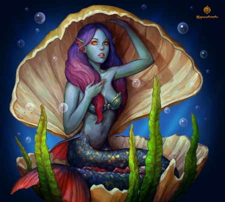 Mermaid - girl, mermaid, luminos, siren, water, shell, fantasy, oleg kapustin