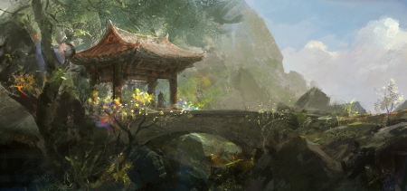 Temple - fantasy, temple, art, luminos, bridge, paperblue net