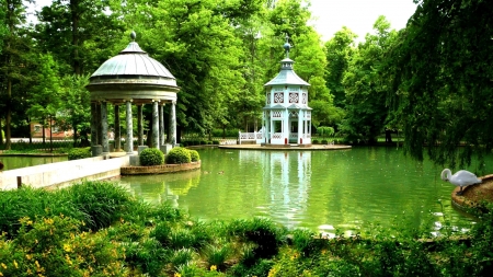 Gazebos in Spring Park - swan, park, gazebos, pond, spring