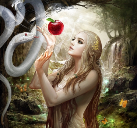 Fantasy girl - girl, frumusete, fantasy, fruit, white, white snake, luminos, red, snake, apple