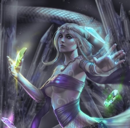 Amethyst Nuwa - girl, luminos, snake, hand, amethyst nuwa, fantasy, cashile