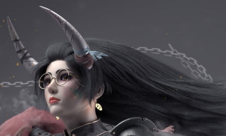 Beauty of the beast - shen chuxin, hhorns, girl, beauty, beast, horns, frumusete, fantasy, glasses, luminos