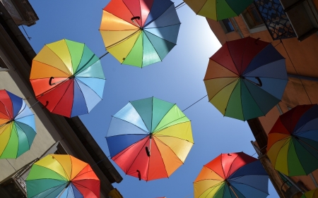 Umbrellas in Italy - rainbow, sky, umbrellas, italy