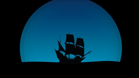 Moonlight - moon, summer, blue, ship, sea, silhouette, black, vara, luna