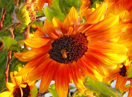 Sunflower - summer, bee, yellow, sunflower, art, pictura, orange, luminos, vara, painting