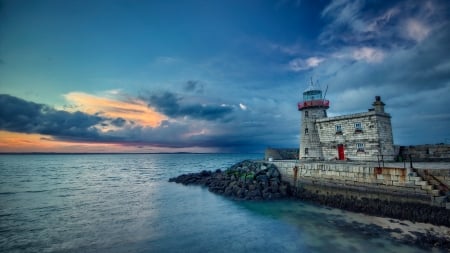 Lighthouse at Sunset - lighthouse, sunset, sea, coast