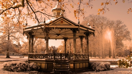 Gazebo in Winter Park - building, fountain, snow, park, winter, gazebo