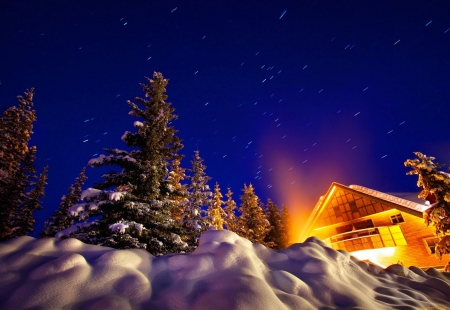 Winter cabin - Trees, Winter, Cabin, Lighted