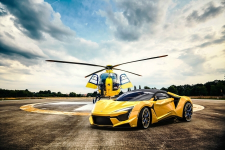 Fenyr Supersport and Helicopter - cars, yellow, helicopter, sports car