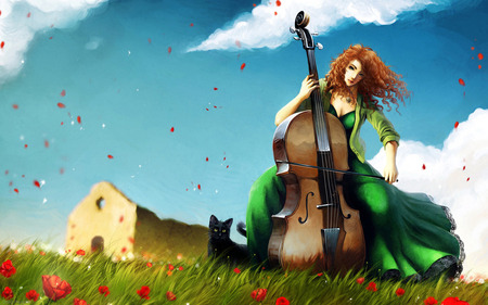 Traveling Musicians - woman, sky, girl, cat, clouds, field, flowers