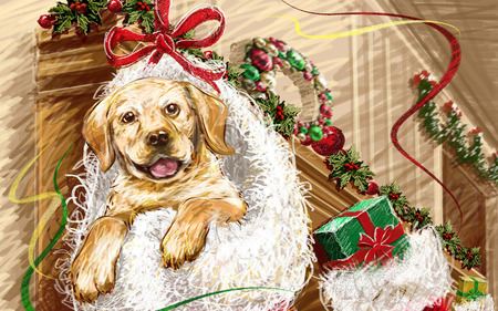 A Merry Woof Woof Christmas - stairs, stocking stuffer, stockings, garland, christmas, art, dog, holiday, red bows