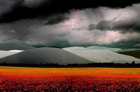 the raging calm - red, sky, black, landscape, hills, orange