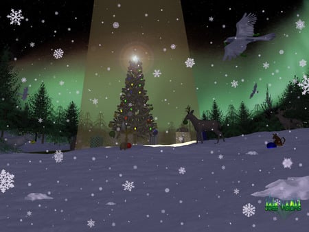 Christmas in the Forest - rabbit, snow, mouse, forest, merry, tree, christmas, aurora, flakes, deer, ornaments, decorations