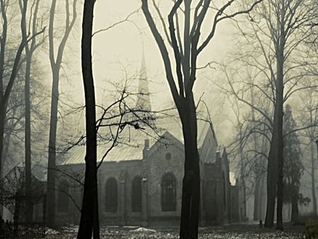 misty church - photography, religious