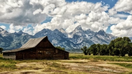 Cabin in the Mountains - building, trees, clouds, cabin, mountains