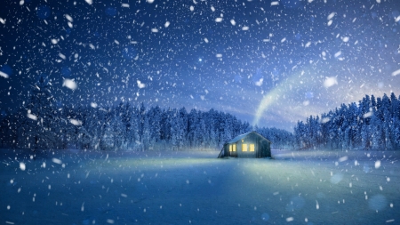 Snowfall - snowfall, craciun, winter, factory d, night, fantasy, christmas, luminos, blue, house