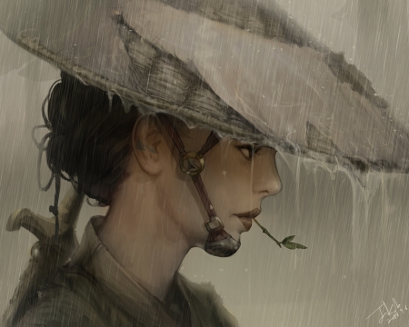 Rainy day - hat, fantasy, rain, girl, oh sunghyeon jakob, face, asian, luminos