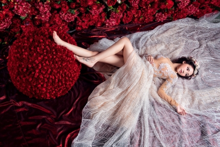 Asian bride - pose, bride, flowers, dress