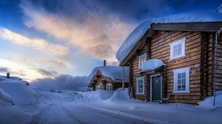 Log Cabins on Winter Street - Log, Snow, Cabins, Street, Winter