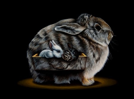 Old mother cupboard - black, rabbit, fantasy, art, jacub gagnon, bunny, luminos