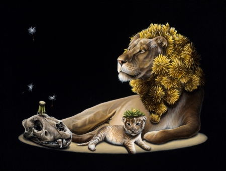 Dandy lions - black, fantasy, yellow, lion, flower, art, jacub gagnon