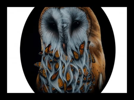 The monarch - bird, bufnita, jacub gagnon, owl, black, fantasy, white, monarch, butterfly, art