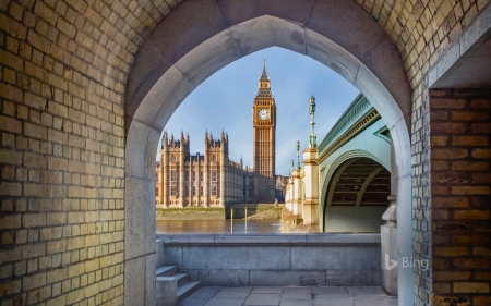 View of Big Ben and Palace of Westminster through a pedestrian tunnel London