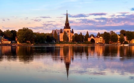 Town in France - France, water, town, church, reflection