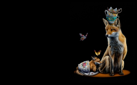 Queen of Cups - vulpe, cub, fox, jacub gagnon, black, fantasy, butterfly, art, cup