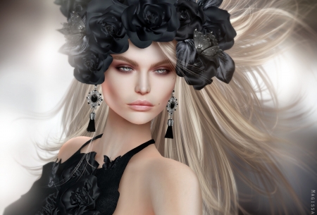 Blonde beauty - frumusete, black, fantasy, rendering, girl, blonde, flower, luminos