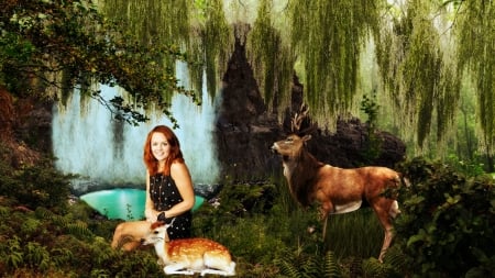 By the Waterfall - plants, girl, waterfall, animals