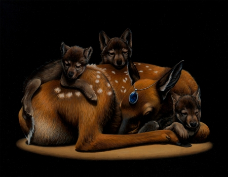 Deer Friends - cub, pendant, lup, jewel, caprioara, black, deer, wolf, painting, art, brown, sleep, blue, jacub gagnon, pictura, cute