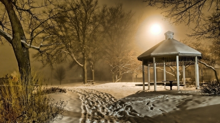 Gazebo in Misty Winter Park - winter, park, gazebo, mist