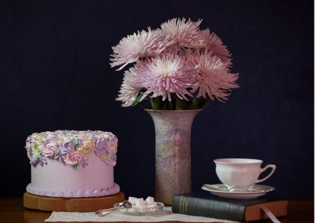 Still life with cake - cake, bouquet, flowers, vase, cup