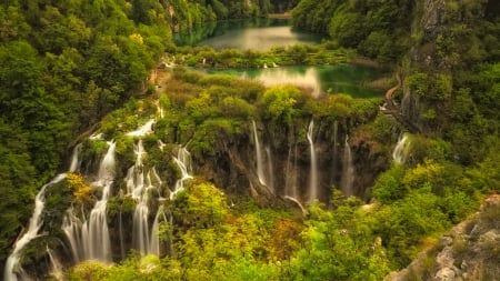 Waterfall Plitvice Lake National Park - lake, mountains, plitvice, waterfall, trees, park, national