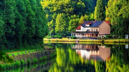 House Reflected in the Lake - Trees, Reflection, Lake, Building, House