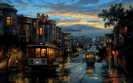 Streetcars in San Francisco - Clouds, Night, Rain, Sky, Trolly, Streetcars, San Francisco