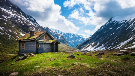 Cabin in the Mountains - Mountains, Valley, Nature, Cabin, Building