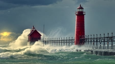 Lighthouse in Stormy Sea - building, lighthouse, sea, storm