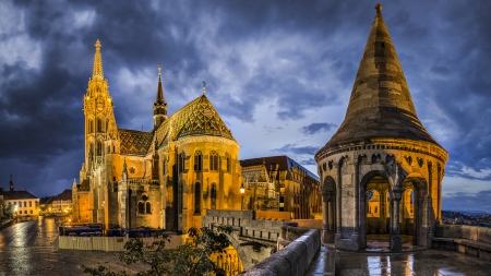 Church at Night in Budapest, Hungary - building, church, hungary, night, budapest, religious