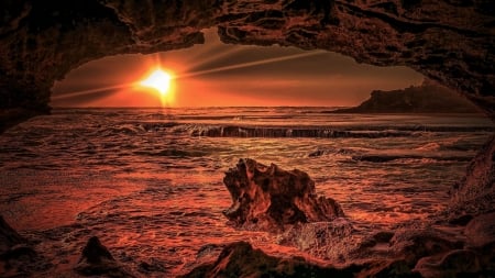 Sunset View from Beach Cave - beach, view, cave, sunset