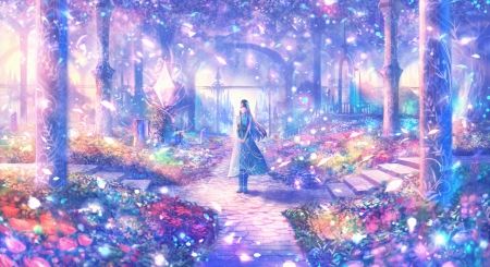 :-) - bou nin, manga, anime, blue, garden, girl, flower, luminos