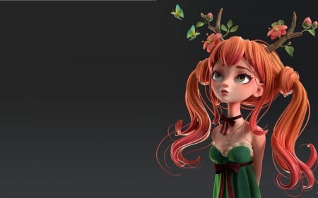 Druid girl - alina makarenko, redhead, butterfly, girl, branch, fantasy, druid