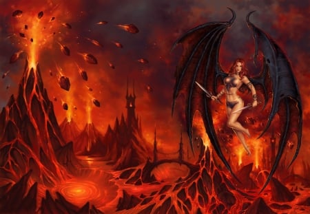 Demoness - wings, red, fire, demon, fantasy, hell, luminos, girl