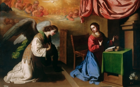 Annunciation - maria, girl, francisco de zurbaran, angel, pictura, painting, virgen, mary, art, abnunciation